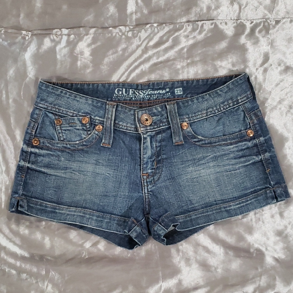 Guess Blue Jean Shorts with Frayed Hem